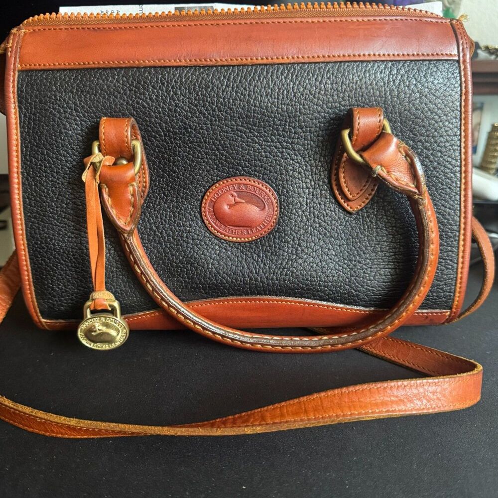 Vintage Dooney & Bourke AWL Black Tan Leather Satchel USA Duck Fob